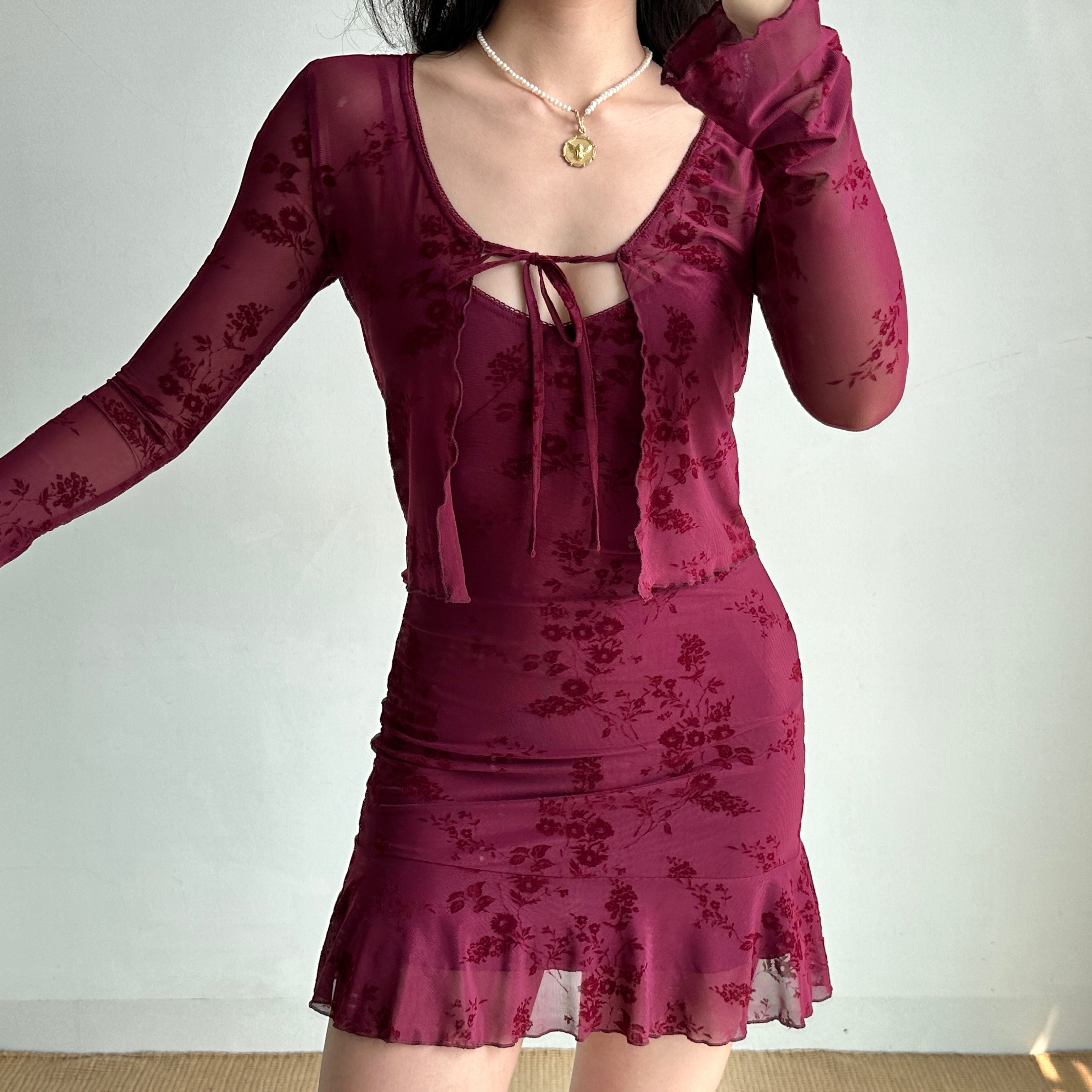 Wine Red Embroidered Camisole Dress & Cardigan Two-Piece Set - European & American Style New Year Fashion Robe