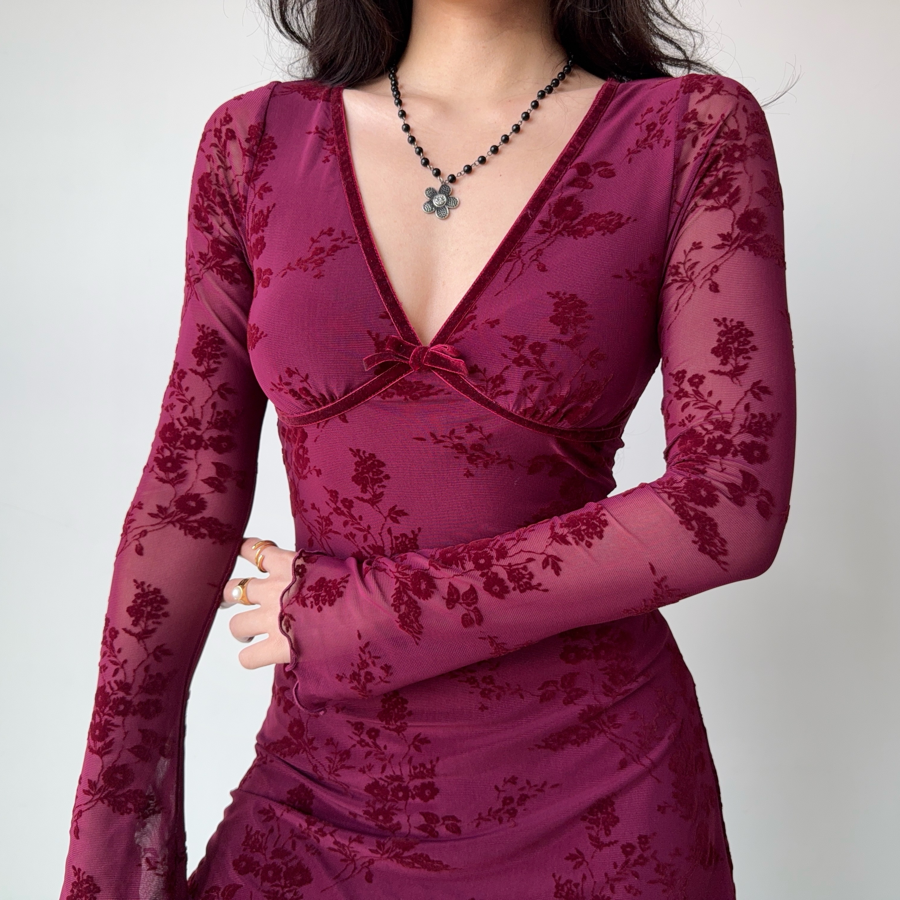 Wine Red Velvet Ribbon Mesh Dress for Women - Deep V-Neck, Slim Fit, Short Skirt - European American Style, Y2K Fashion