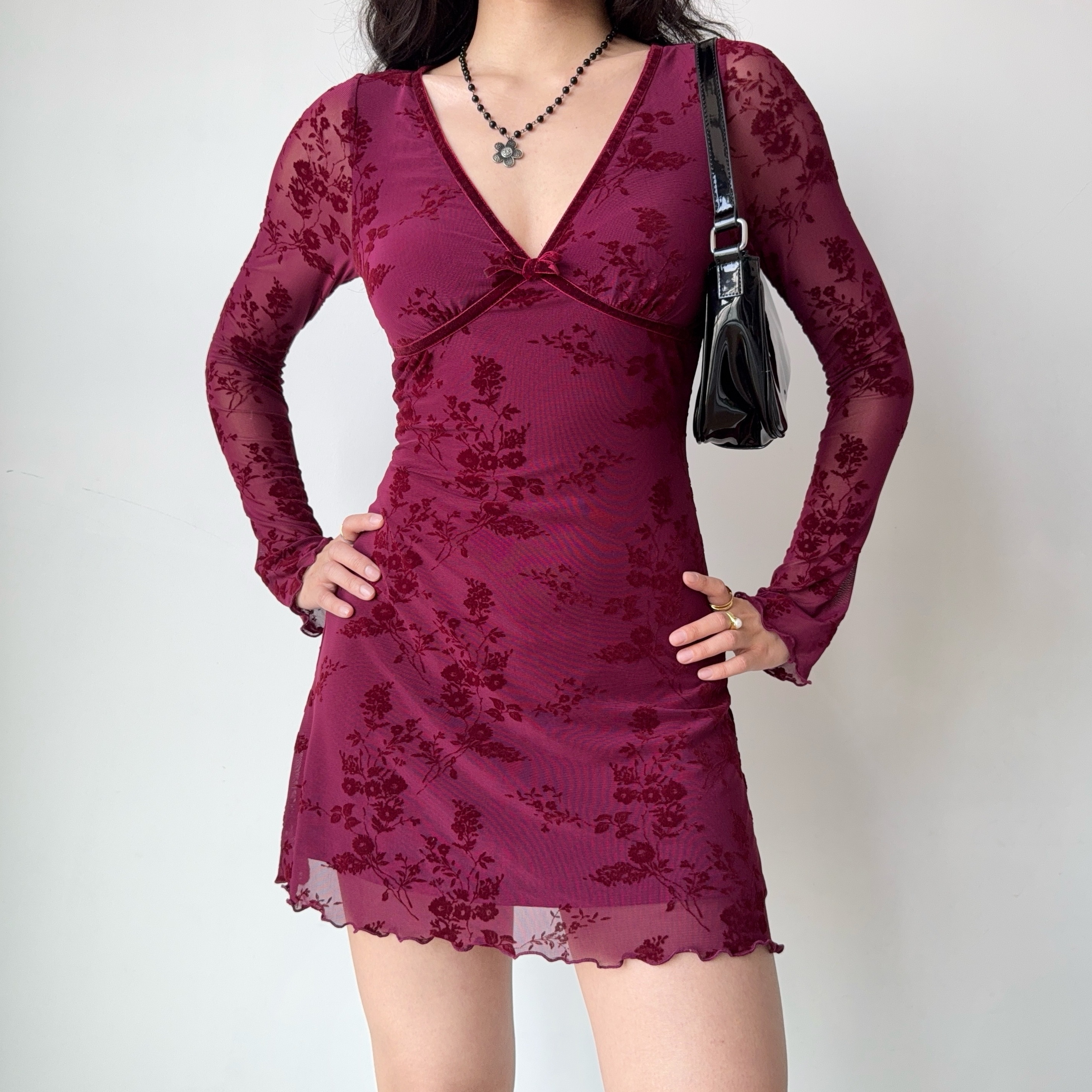 Wine Red Velvet Ribbon Mesh Dress for Women - Deep V-Neck, Slim Fit, Short Skirt - European American Style, Y2K Fashion