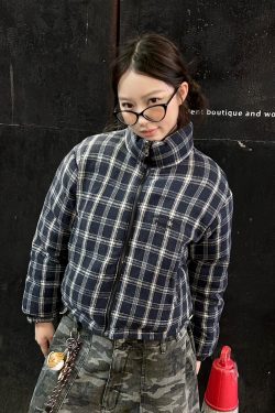 Winter Plaid Reversible Cotton Jacket for Women - Embroidered Slogan, Thickened Outerwear, Cozy Layering, Trendy Street Style