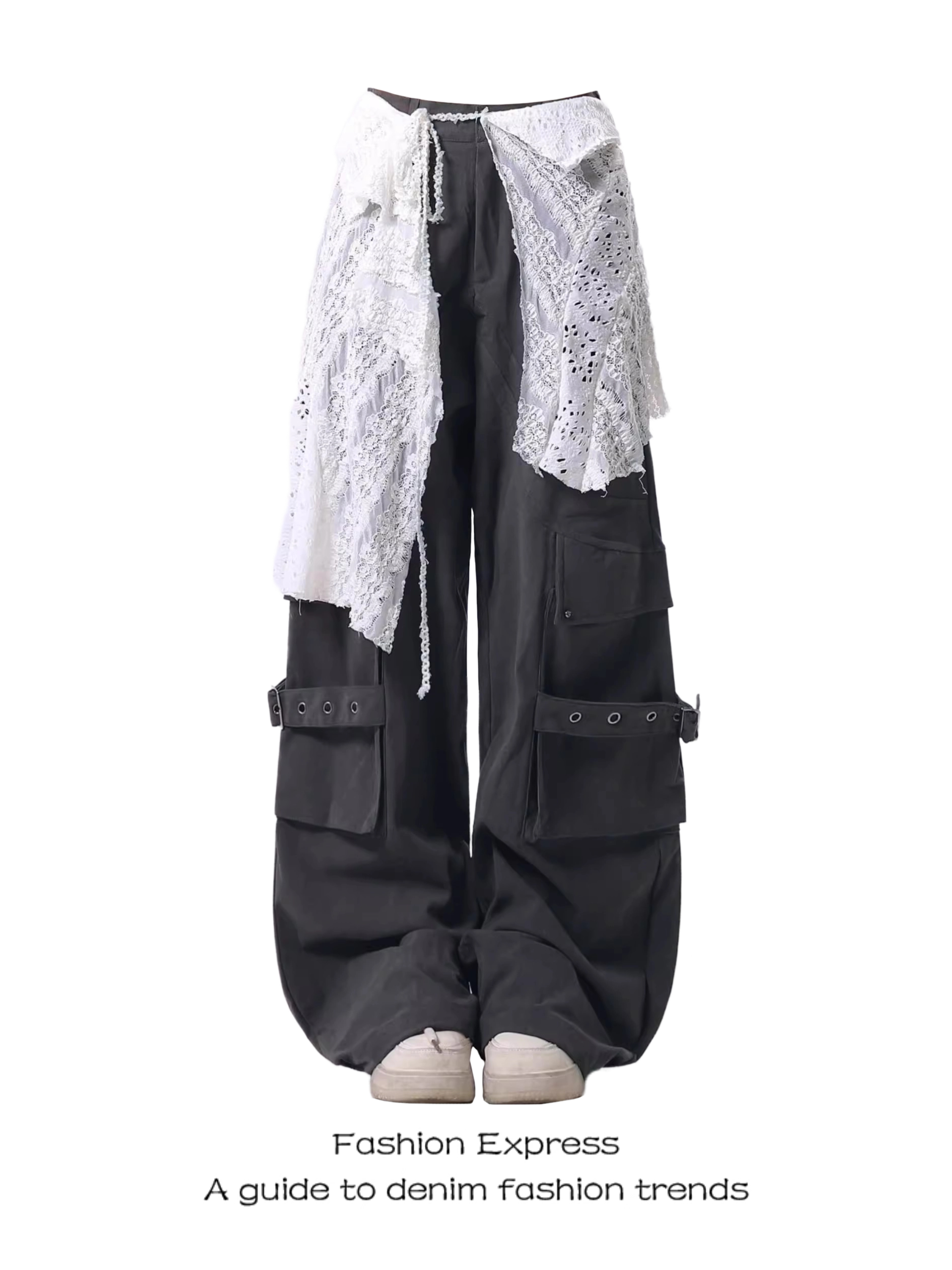 Women's American-Style Lace Hem Wide-Leg Pants with Large Pockets - Trendy Loose Draping Spring Workwear