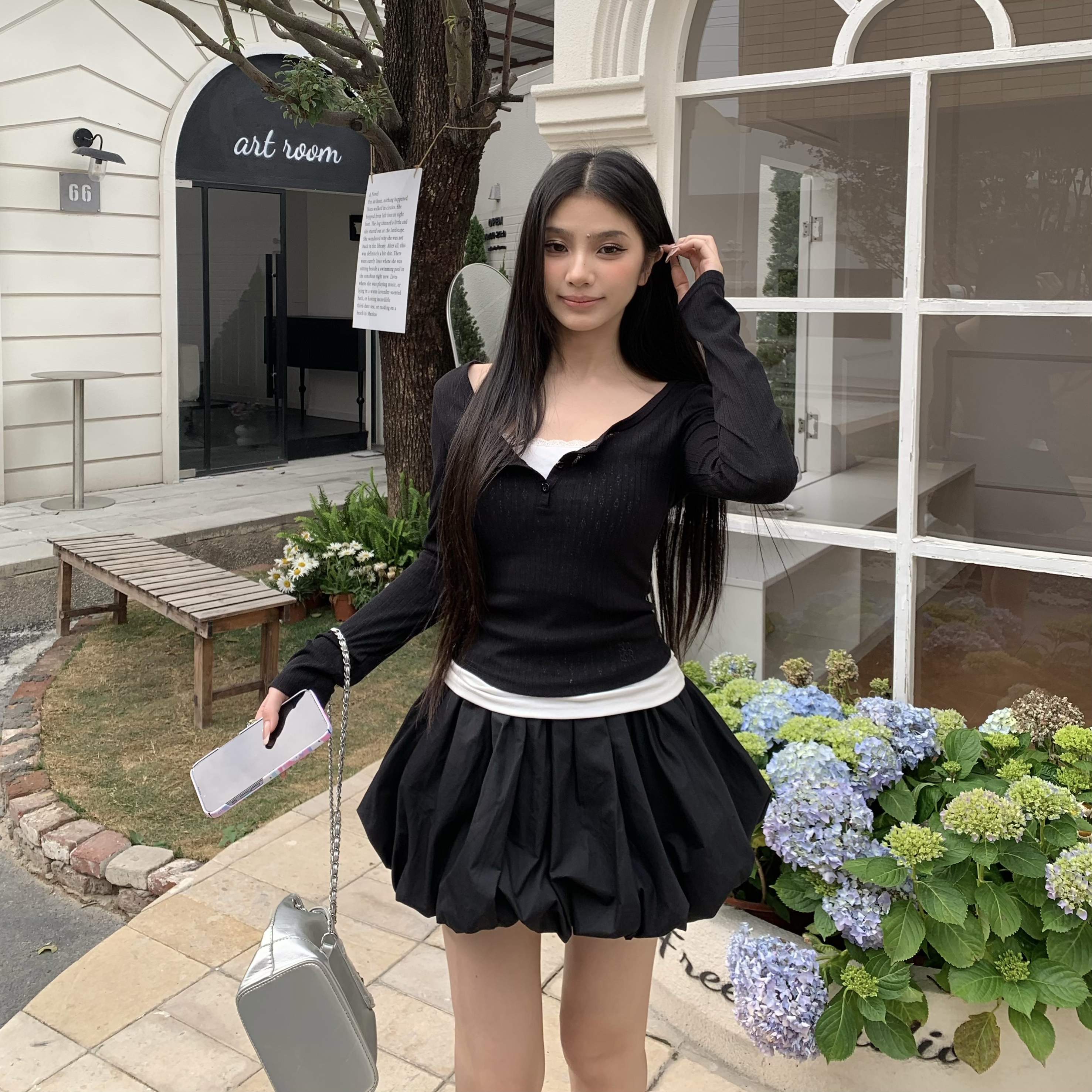 Women's Black Cloud Flower Bud Skirt - Puffy A-Line Pleated Lantern Skirt for 90s Y2K Style