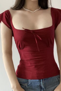 Women's Butterfly Tie Solid White T-Shirt with Small Flying Sleeves & Low Square Neck - Floral Season Rose Summer Style