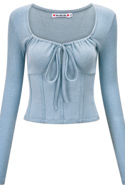Women's Extra Long Sleeve U-Neck T-Shirt with Tie Detail - Simple Slim Fit Base Top for 90s and Y2K Style