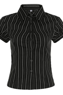 Women's French Minimalist White Collared Button-Up Short Sleeve Shirt with Waist-Cinching Pleated Design for a Slimming Effect