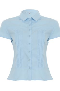 Women's French Minimalist White Collared Button-Up Short Sleeve Shirt with Waist-Cinching Pleated Design for a Slimming Effect