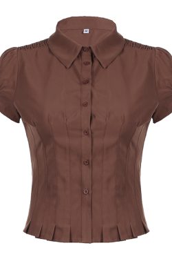 Women's French Minimalist White Collared Button-Up Short Sleeve Shirt with Waist-Cinching Pleated Design for a Slimming Effect