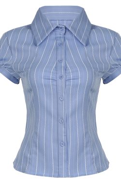 Women's French Minimalist White Collared Button-Up Short Sleeve Shirt with Waist-Cinching Pleated Design for a Slimming Effect