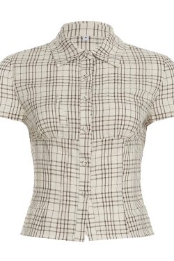 Women's French Minimalist White Collared Button-Up Short Sleeve Shirt with Waist-Cinching Pleated Design for a Slimming Effect