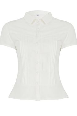 Women's French Minimalist White Collared Button-Up Short Sleeve Shirt with Waist-Cinching Pleated Design for a Slimming Effect