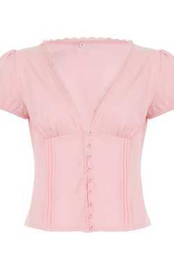Women's French Minimalist White Collared Button-Up Short Sleeve Shirt with Waist-Cinching Pleated Design for a Slimming Effect
