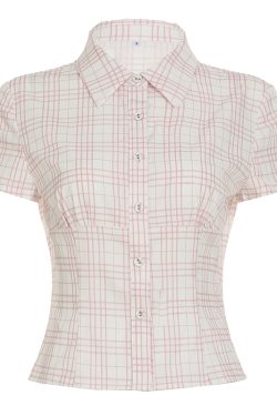Women's French Minimalist White Collared Button-Up Short Sleeve Shirt with Waist-Cinching Pleated Design for a Slimming Effect