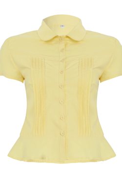 Women's French Minimalist White Collared Button-Up Short Sleeve Shirt with Waist-Cinching Pleated Design for a Slimming Effect