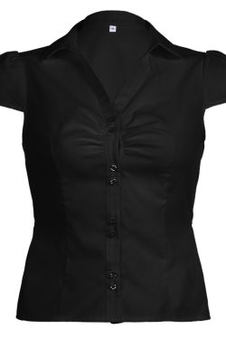 Women's French Minimalist White Collared Button-Up Short Sleeve Shirt with Waist-Cinching Pleated Design for a Slimming Effect