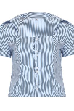 Women's French Minimalist White Collared Button-Up Short Sleeve Shirt with Waist-Cinching Pleated Design for a Slimming Effect