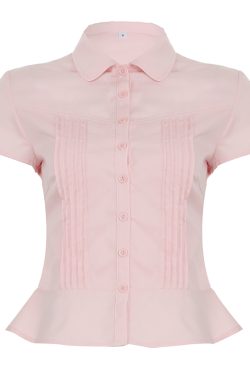 Women's French Minimalist White Collared Button-Up Short Sleeve Shirt with Waist-Cinching Pleated Design for a Slimming Effect