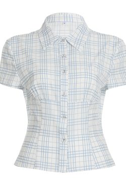 Women's French Minimalist White Collared Button-Up Short Sleeve Shirt with Waist-Cinching Pleated Design for a Slimming Effect