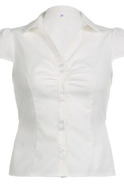 Women's French Minimalist White Collared Button-Up Short Sleeve Shirt with Waist-Cinching Pleated Design for a Slimming Effect