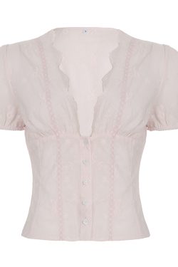 Women's French Minimalist White Collared Button-Up Short Sleeve Shirt with Waist-Cinching Pleated Design for a Slimming Effect