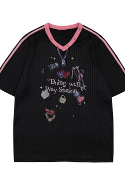 Women’s Graffiti Striped Short Sleeve T-Shirt - Summer Cool Sports Style, Unique Loose Fit for Y2K and 90s Inspired Looks