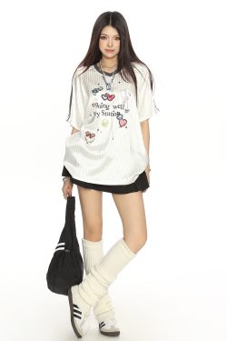 Women’s Graffiti Striped Short Sleeve T-Shirt - Summer Cool Sports Style, Unique Loose Fit for Y2K and 90s Inspired Looks