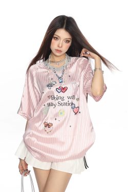 Women’s Graffiti Striped Short Sleeve T-Shirt - Summer Cool Sports Style, Unique Loose Fit for Y2K and 90s Inspired Looks
