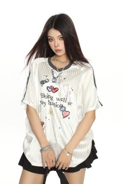 Women’s Graffiti Striped Short Sleeve T-Shirt - Summer Cool Sports Style, Unique Loose Fit for Y2K and 90s Inspired Looks