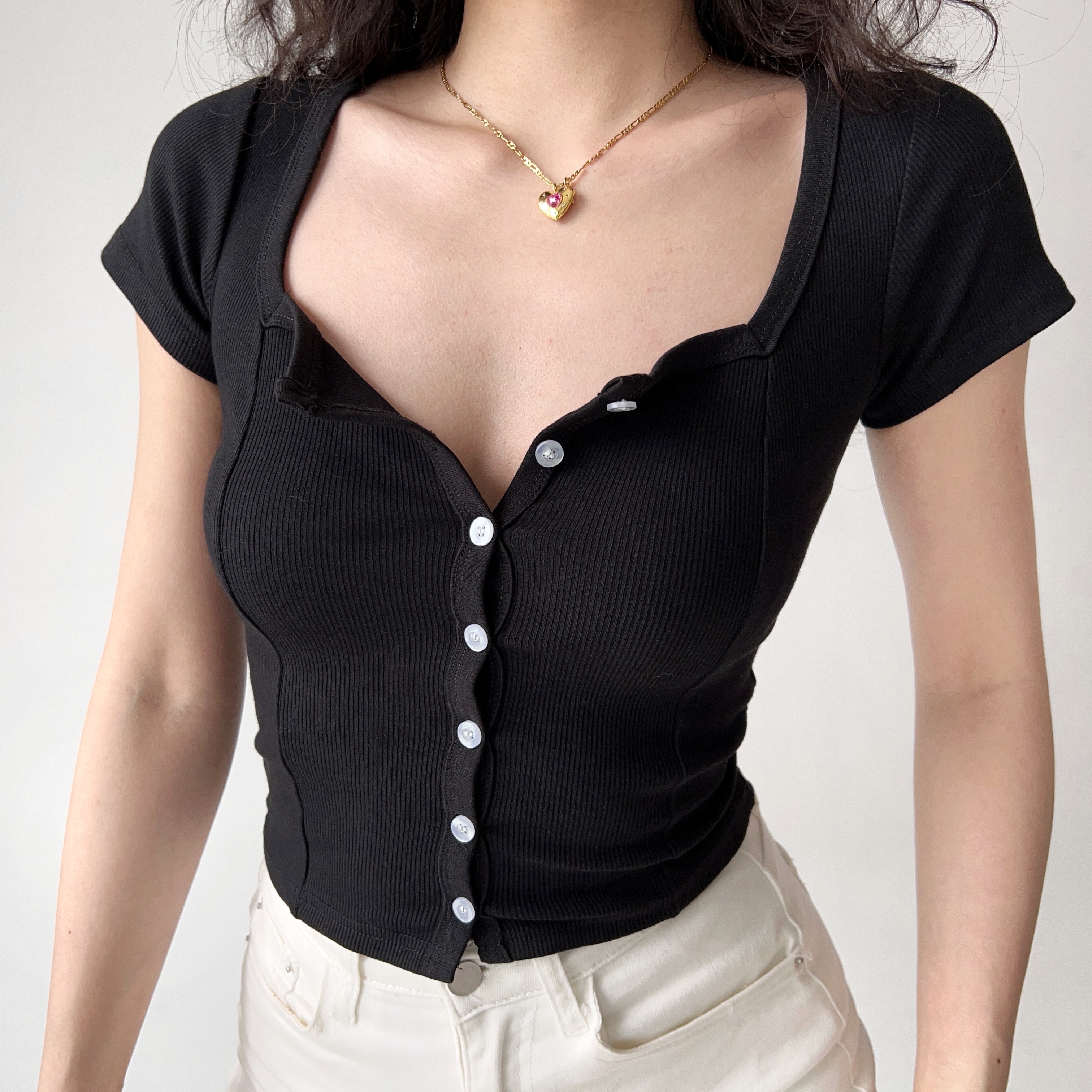 Women's High Waist Ribbed T-Shirt - Short Sleeve Square Neck Top, Go Girl Go Style, Perfect for Casual 90s Fashion