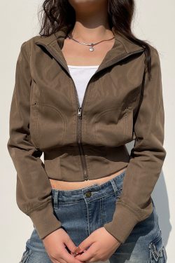 Women's Industrial Style Zipper Jacket - Deconstructed Splicing, Slim Fit, Cinched Waist, Short Coat with Pockets
