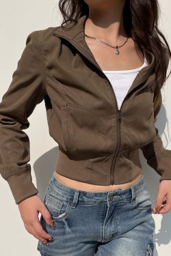 Women's Industrial Style Zipper Jacket - Deconstructed Splicing, Slim Fit, Cinched Waist, Short Coat with Pockets