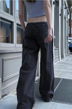 Women's Low Waist Elastic Drawstring Loose Long Pants - Deep Blue Draped Wide Leg Casual Street Style