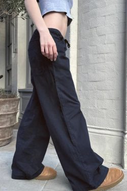 Women's Low Waist Elastic Drawstring Loose Long Pants - Deep Blue Draped Wide Leg Casual Street Style