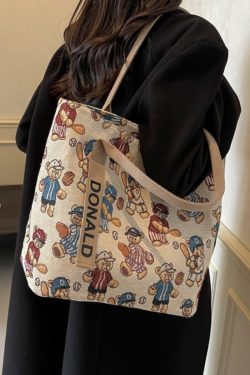 Women’s Niche Cartoon Canvas Tote Bag – Large Capacity Spring 2025 Commuter Shoulder Bag for Students