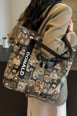Women’s Niche Cartoon Canvas Tote Bag – Large Capacity Spring 2025 Commuter Shoulder Bag for Students