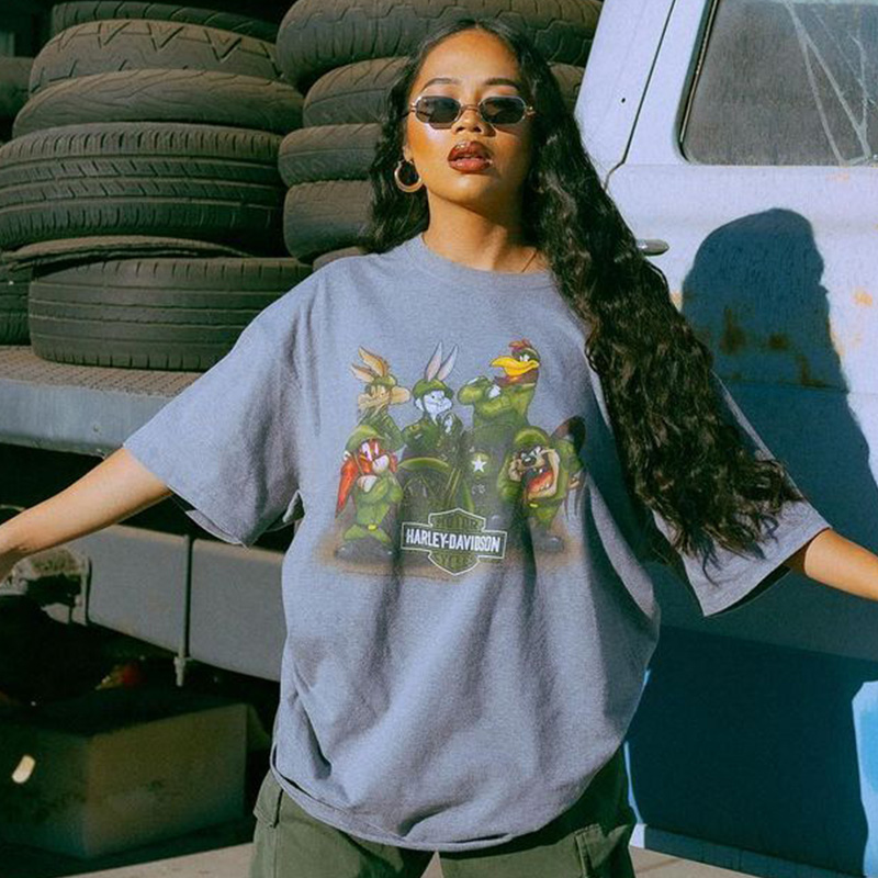 Women's Oversized American Retro Vintage T-Shirt - Trendy Loose Short Sleeve Top for Summer - European and American Style