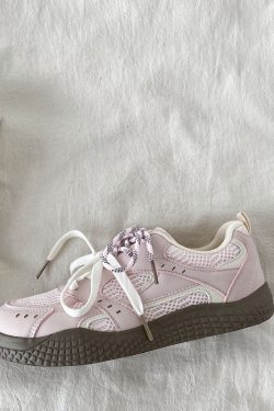 Women's Pink Mesh Panel Thick-Soled Training Shoes - Summer 2025 Breathable White Sneakers for Casual Y2K Style