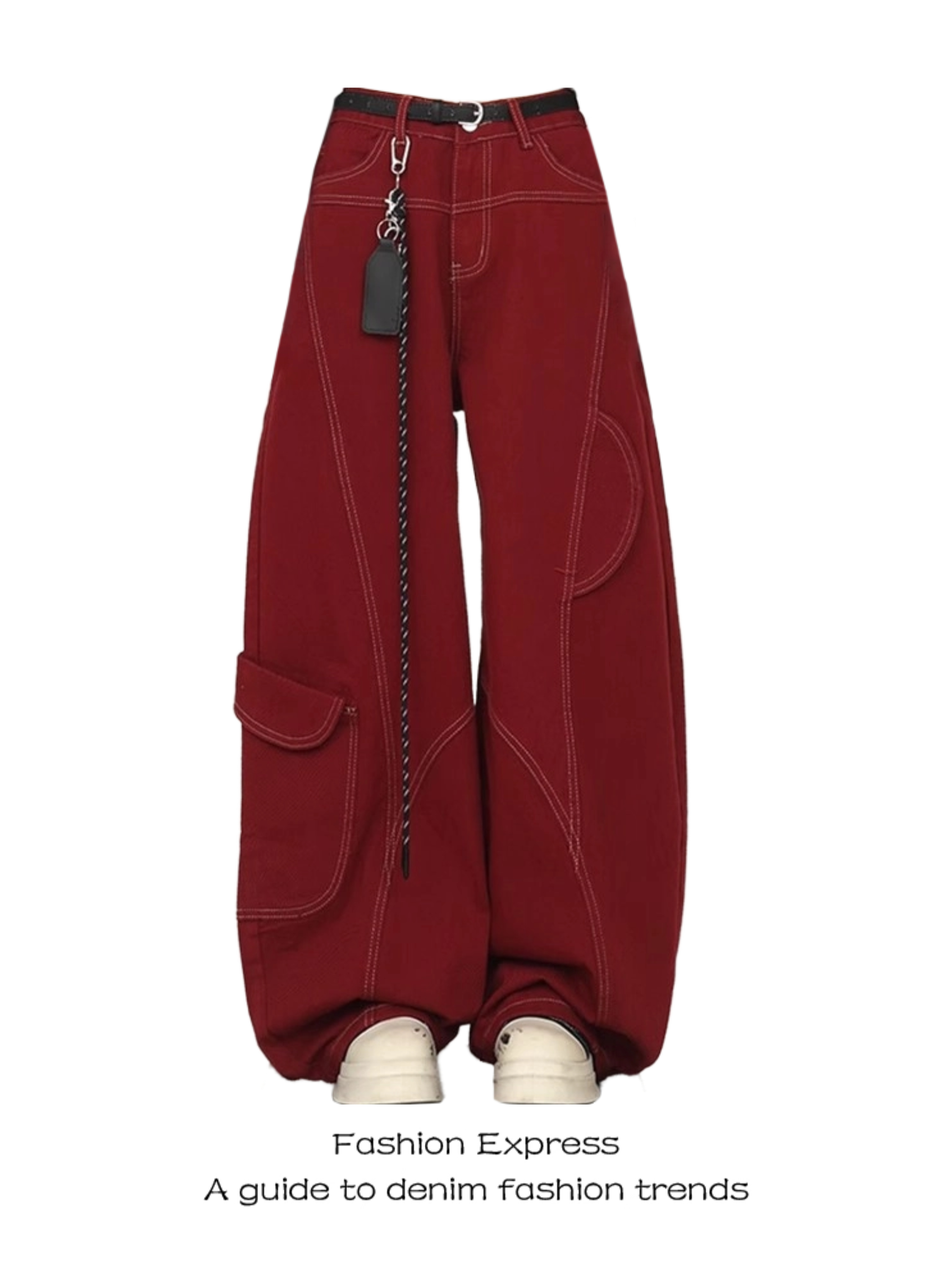 Women's Red Deconstructed Curved Knife Jeans - Loose Floor-Length BF Style for Spring 2025 - Trendy National Style Pants
