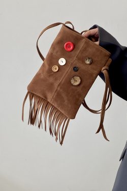 Women's Retro Hippie Button Design Tassel Shoulder Crossbody Bag - Spring Summer 2025 Small Bag for Bohemian Style