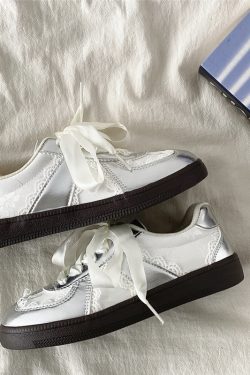 Women's Retro Thick-Soled Sneakers - Silver Lace-Up Design, Breathable White, Spring 2025 Fashion
