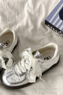 Women's Retro Thick-Soled Sneakers - Silver Lace-Up Design, Breathable White, Spring 2025 Fashion