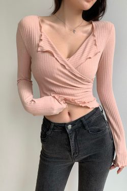 Women's Sensual Cross V-Neck Ruffled Edge Long Sleeve T-Shirt - Basic High Waist Top in Trendy 90s Style