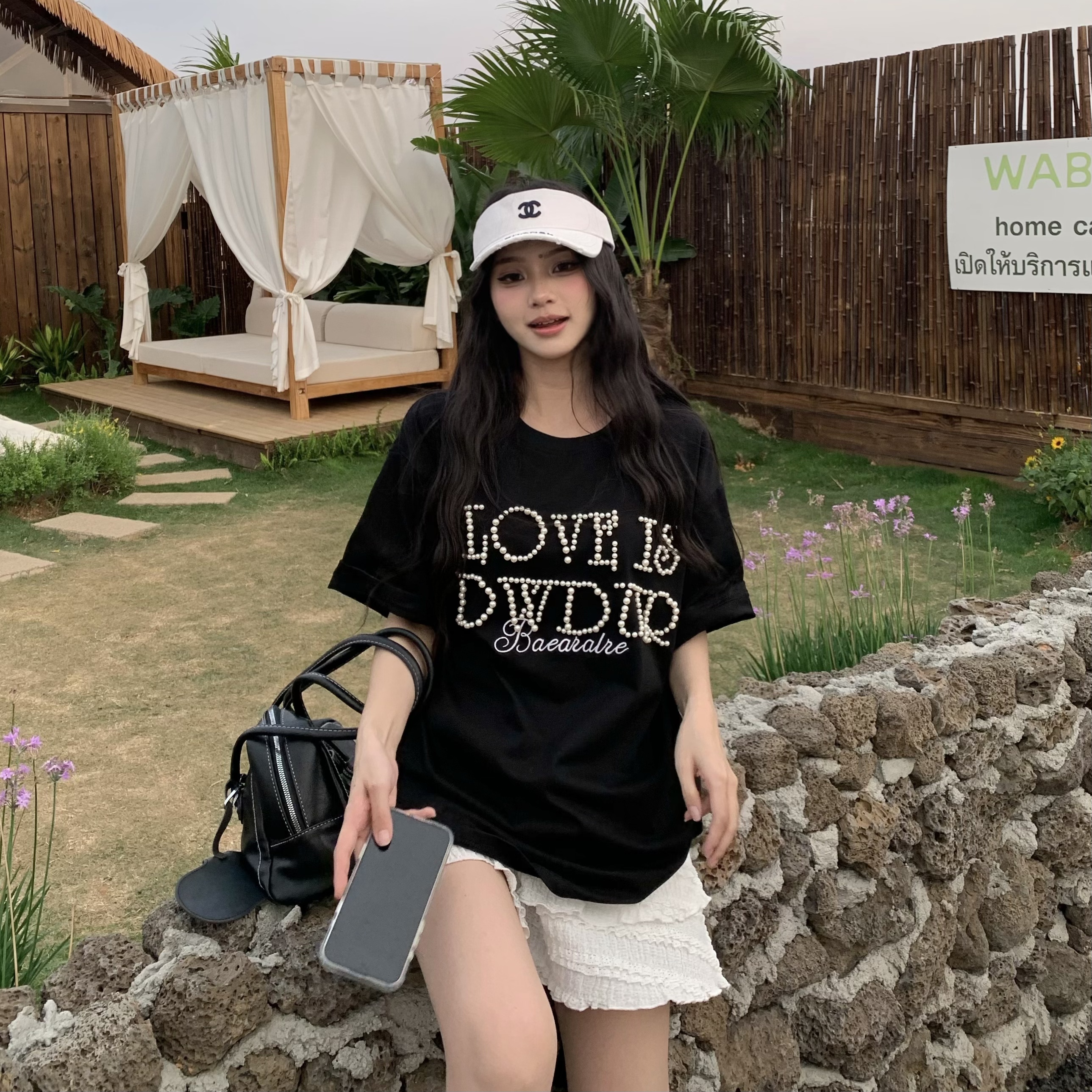 Women's Short Sleeve Bubble Letter T-Shirt - Loose Fit Round Neck Summer Top for Couples, Casual Lazy Style