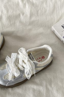 Women's Silver Pearl Ballet Training Shoes - 2025 Spring Thick-Soled White Lace Sneakers Trend for Dance and Casual Wear