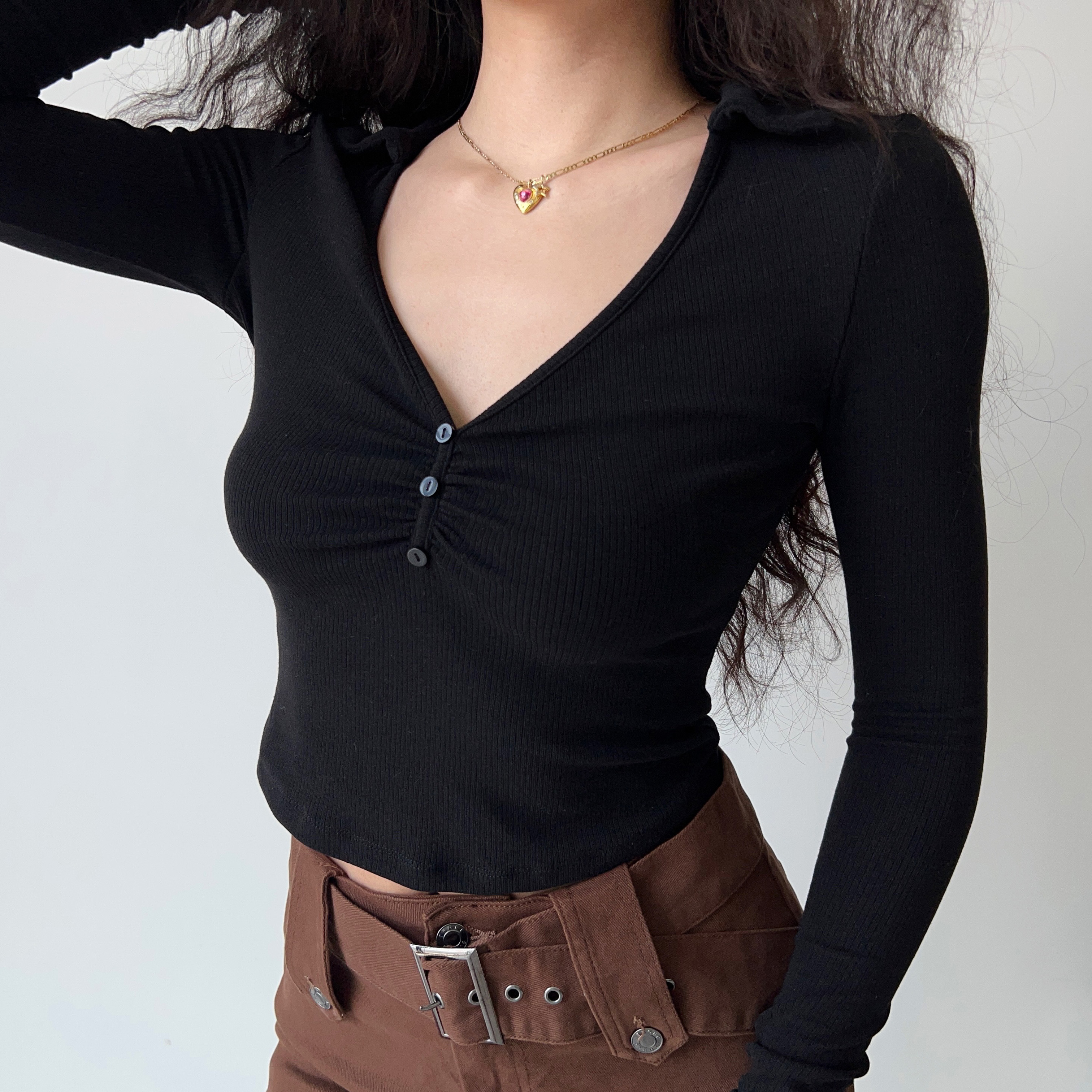 Women’s Slim Fit Pleated Long Sleeve T-shirt - European American Style Deep V-Neck Lapel Top - Trendy Y2K Fashion