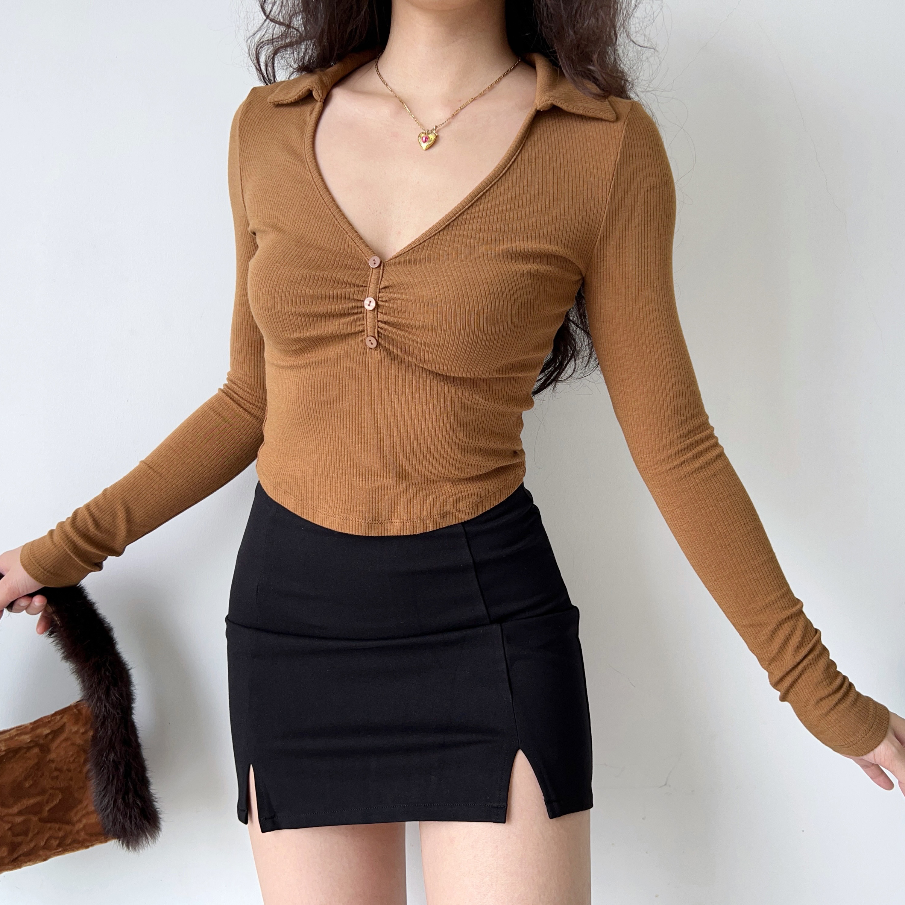 Women’s Slim Fit Pleated Long Sleeve T-shirt - European American Style Deep V-Neck Lapel Top - Trendy Y2K Fashion