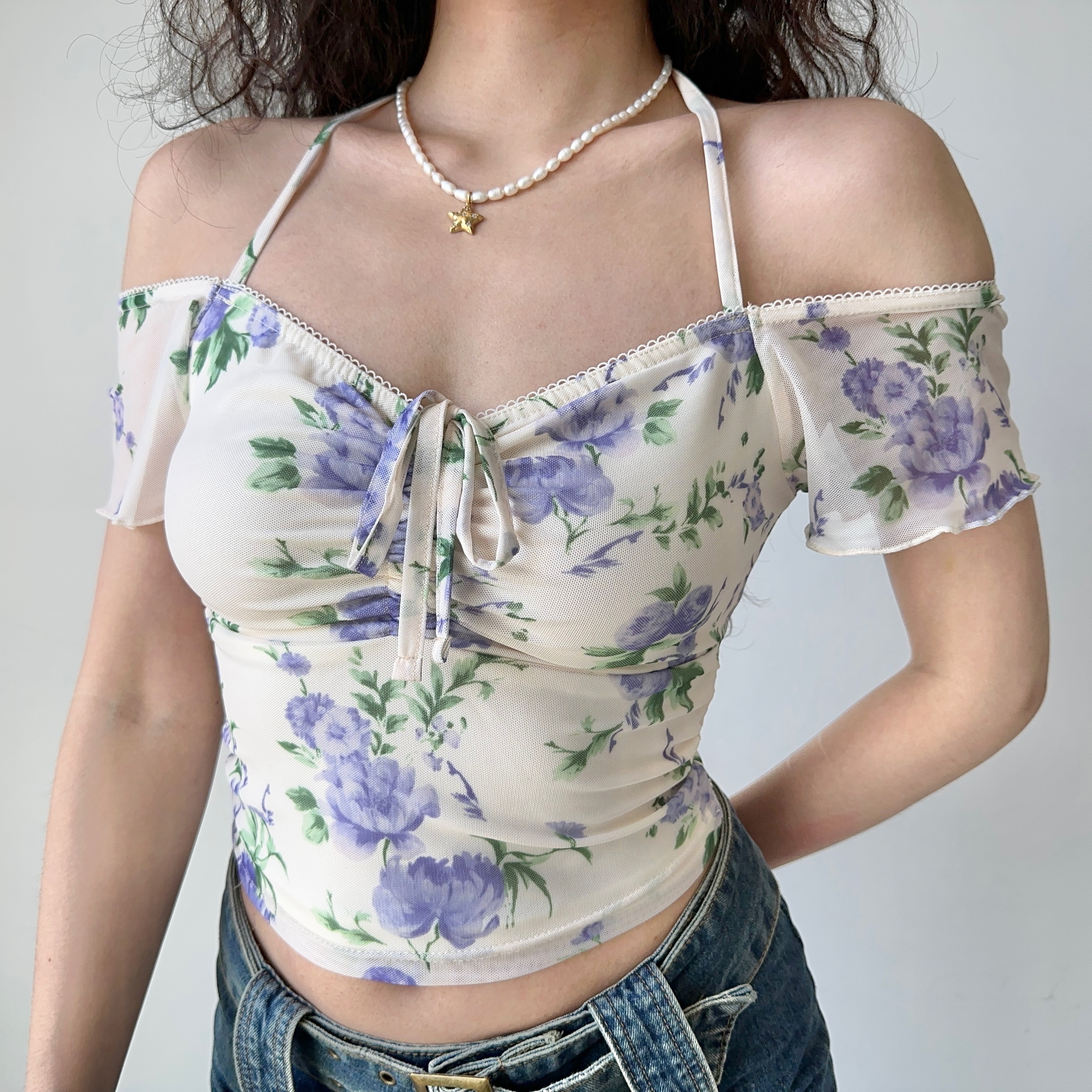 Women’s Summer Slim Fit Printed Mesh V-neck Short Sleeve T-shirt - European American Style, Casual Waist-Hanging Top