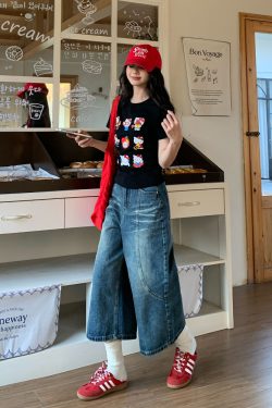 Women's Vintage Denim Wide-Leg Shorts - Loose Fit Eight-Point Style for Summer, Casual American Vintage Fashion