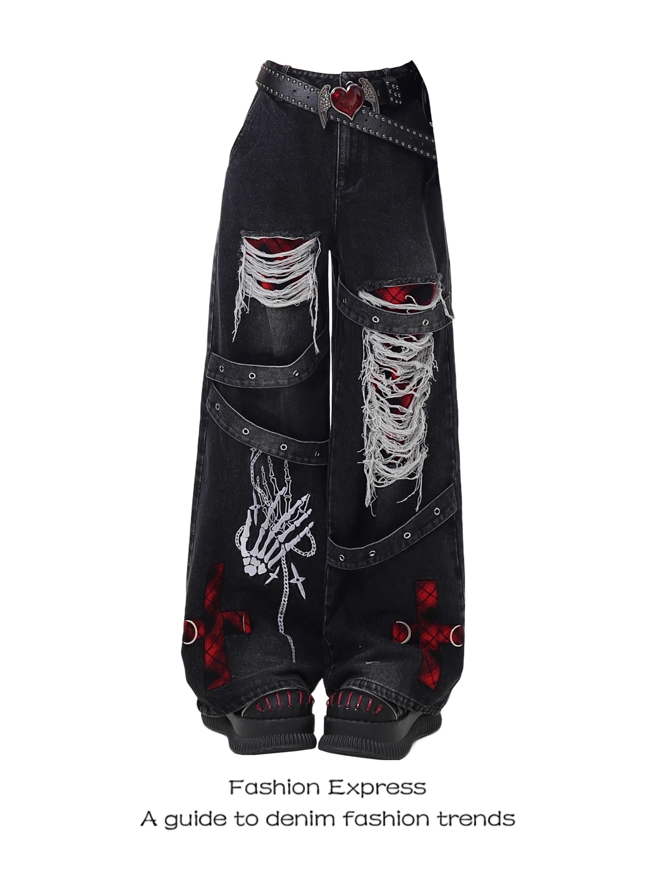 Women's Wide-Leg Ripped Jeans, Punk Retro Distressed Denim, 2025 Spring Autumn Fashion, Unique Niche Style