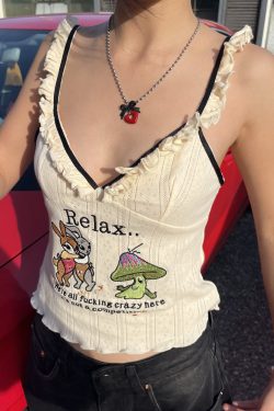 Wood Ear Edge Cartoon Embroidery Hot Girl Sling Top - Women's Summer Sexy Low-Cut Slim Crop Top for Y2K Fashion