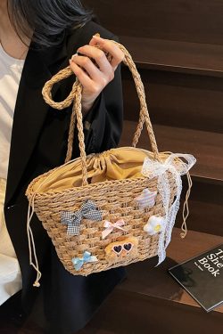 Woven Country-Style Beach Bag for Women, Autumn 2025 Drawstring Bucket Tote, Boho Chic Vegetable Basket Bag